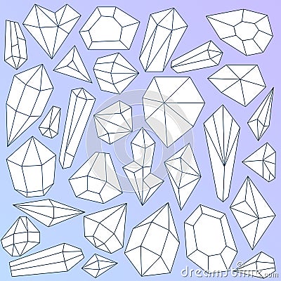 Set of linear mineral crystals on gradient blue Vector Illustration