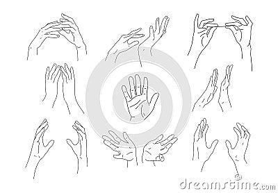 Set of linear outline hands. Two hands hold an object, make different gestures. Elements for design, logo. Vector doodle Cartoon Illustration