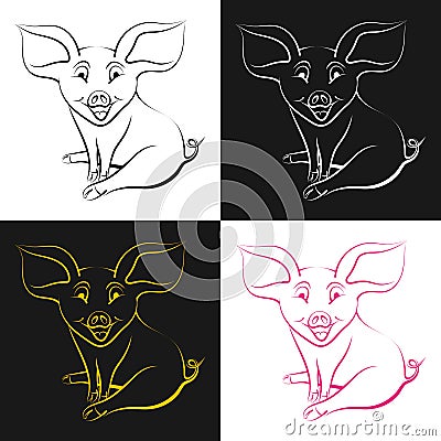 Set of linear smiling pigs in different colors. Vector Illustration