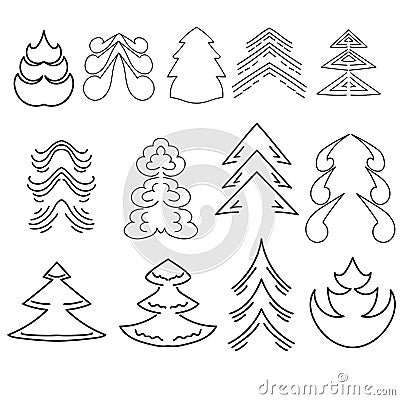 Set of linear stylized Christmas trees with ornate patterns, decorative fantasy elements for winter holidays Vector Illustration