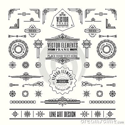 Set of linear thin line art deco retro vintage design elements Vector Illustration