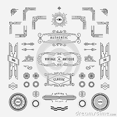 Set of linear thin line geometric shape vintage art deco retro Vector Illustration