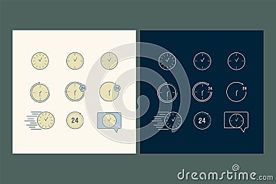 A set of linear time and clock icons. Icons in color and lines. Time management. A collection of vector icons of time Vector Illustration