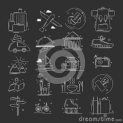 Set of linear white simple icons composed on black background and showing activities and travels. Vector Illustration