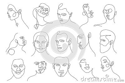 Set linear woman and man portraits Vector Illustration