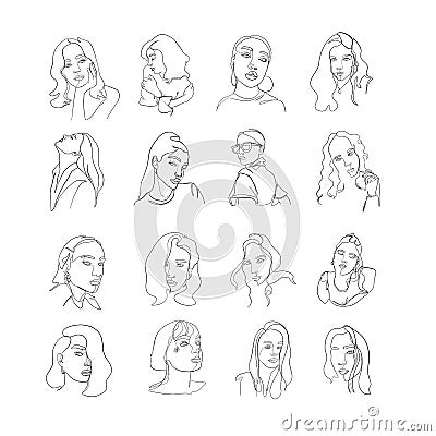 Set linear woman portraits. Vector Illustration