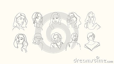 Set linear woman portraits. Vector Illustration