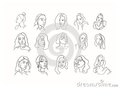 Set linear woman portraits. Vector Illustration