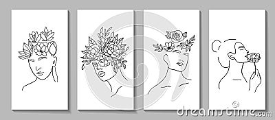 Set linear woman portraits for posters or stories Vector Illustration