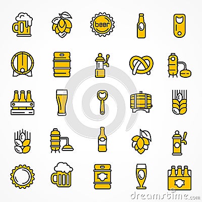 Set of linear yellow beer icons. Vector Illustration