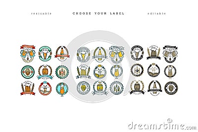 Set of linear yellow brewery logos. Labels with bottles and hops. Vintage craft beer retro design elements, emblems Vector Illustration