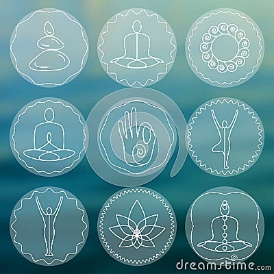 Set of linear yoga icons, yoga logos in outline style. Vector Illustration