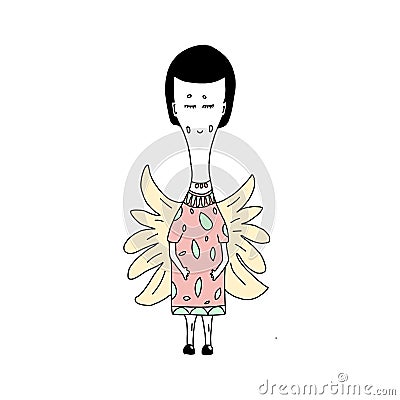 Cute cartoon angel. in a pink dress with green leaves is Perfect for children`s t-shirts or cards with an invitation to Vector Illustration