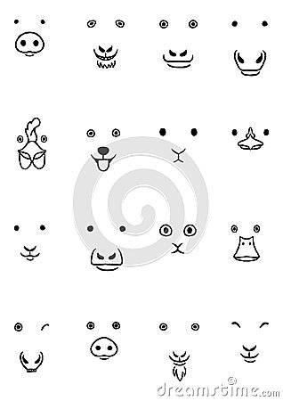 Set lineart of funny farm animals face Vector Illustration