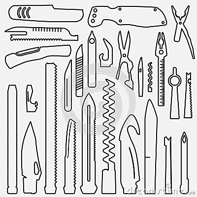 Set of lined multifunction knife elements, line pocket knife illustration, Swiss knife, multipurpose penknife, army Vector Illustration