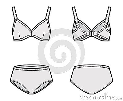 Set of lingerie - soft cup bra and classic briefs panties technical fashion illustration. Flat brassiere template Vector Illustration