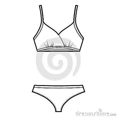 Set of lingerie - training bra and cheeky thongs panties technical fashion illustration. Flat swimwear brassiere knicker Vector Illustration