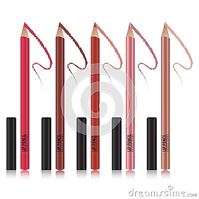 Set of lip pencil mockup. Package design premium cosmetic ads template. Vector 3D illustration Vector Illustration