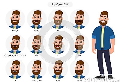 Set of lip sync collection for animation of the talking character. Cartoon character mouth and lips sync for sound pronunciation. Vector Illustration