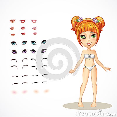 Set of lips, eyes, eyebrows and eyelashes for a redheaded girl Vector Illustration