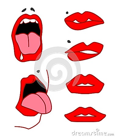 Set of lips, open mouth with tongu, expressing different emotions. Vector Vector Illustration