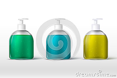 Set of liquid cosmetics tube with pump. Coronavirus hand protection, hand sanitizer 3d realistic container, hand wash Vector Illustration