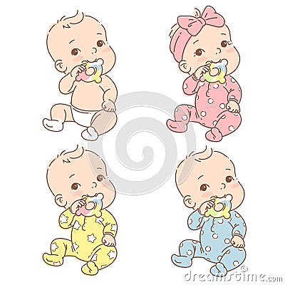Set with little baby boy, girl in diaper or pajamas hold teething ring Vector Illustration