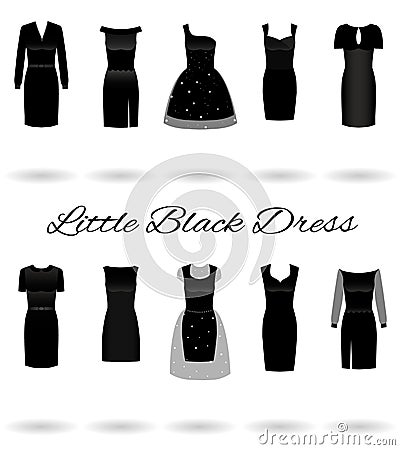 Set of little black dresses in different styles. Cocktail dresses. Vector Illustration