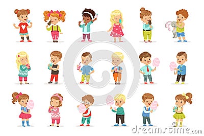 Set of little boys and girls drinking cocktails and eating sweets Vector Illustration