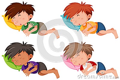 Set of little boys sleeping on pillows Vector Illustration