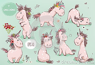 Set with little cartoon fairytale unicorn Vector Illustration