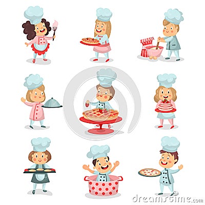 Set of little cook chief kids cartoon characters cooking food and baking detailed colorful Illustrations Vector Illustration