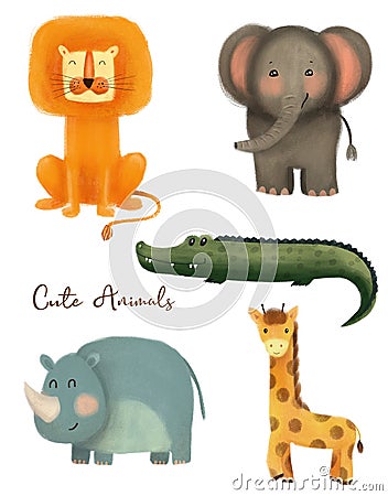 Set of little cute wild animals - elephant, lion, crocodile, giraffe, hippo. Cartoon Illustration