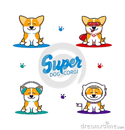 Set of little dogs, logos with text. Funny corgi cartoon characters, logotypes Vector Illustration