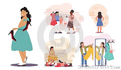 Set Little Girls Choose, Changing and Fitting Clothes, Shoes and Dresses in Fashioned Boutique. Kid Shopping and Fashion Vector Illustration
