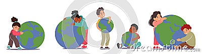 Set Little Kids Hugging Earth Planet. Boys and Girls Characters Embrace with Love Sphere with Continents and Oceans Vector Illustration