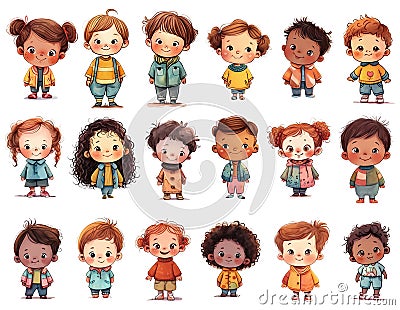 Set of little multiethnic kids isolated on white background. Children standing full height. Cartoon style illustration Cartoon Illustration