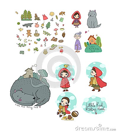 Set with Little Red Riding Hood fairy tale. Little cute cartoon girl and wolf. Hand drawing isolated objects on white Vector Illustration