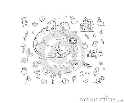 Set with Little Red Riding Hood fairy tale Vector Illustration