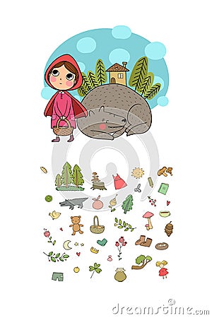 Set with Little Red Riding Hood fairy tale Vector Illustration