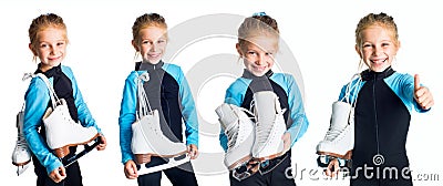 Set of little girl in a sportsuit with iceskates isolated Stock Photo