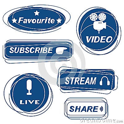 Set of live videos. Blue symbols and buttons of live videos, streams, subscribe Vector Illustration
