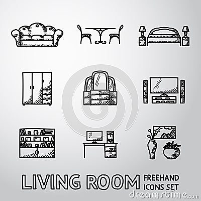 Set of Living Room freehand icons - sofa, dining Vector Illustration