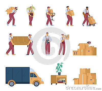 Set of loaders with cargo truck and boxes, flat vector illustration isolated. Vector Illustration