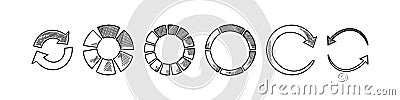 Set of loading circles in doodle style. Sketch download icon. Progress user interface infographic. Recycle symbol. Pie diagram Vector Illustration