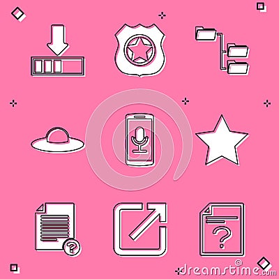 Set Loading, Police badge, Folder tree, UFO flying spaceship, Mobile recording and Star icon. Vector Vector Illustration