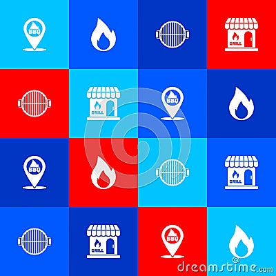 Set Location with barbecue, Fire flame, Barbecue grill and shopping building icon. Vector Vector Illustration