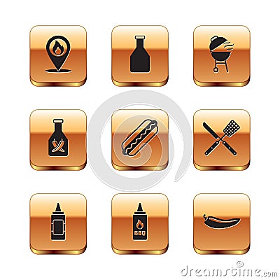 Set Location with fire flame, Mustard bottle, Ketchup, Hotdog sandwich, Barbecue grill, chili pepper pod and icon Vector Illustration