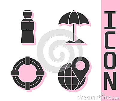 Set Location on the globe, Bottle of water, Lifebuoy and Sun protective umbrella for beach icon. Vector Vector Illustration