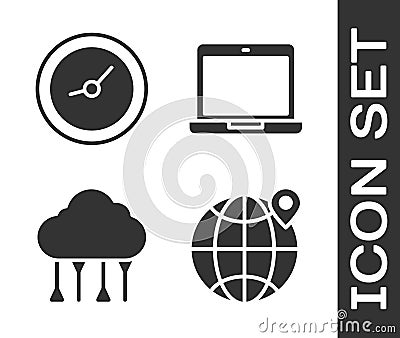 Set Location on the globe, Clock, Network cloud connection and Laptop icon. Vector Vector Illustration